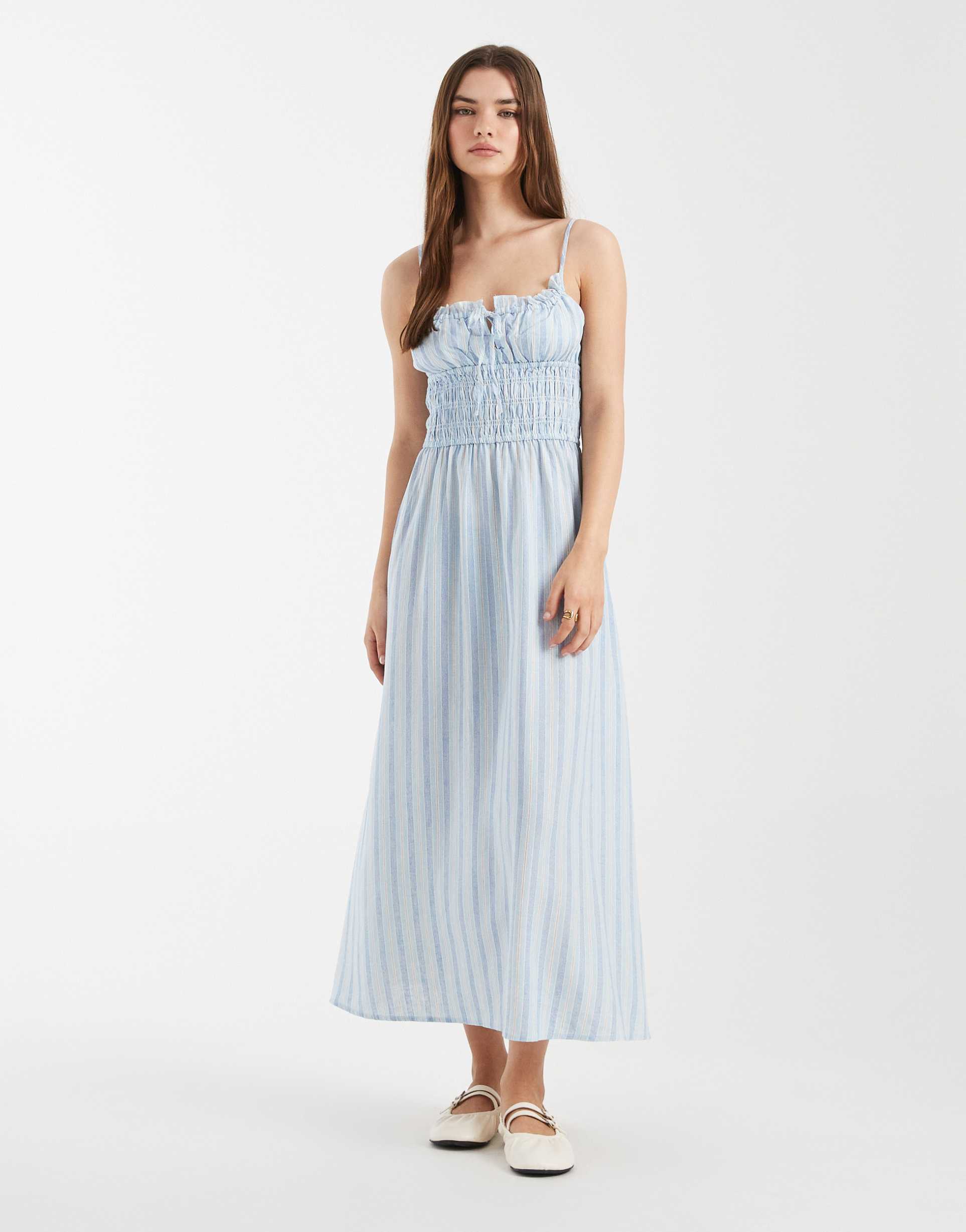cotton on haven linen blend strappy midi dress in amy blue stripes