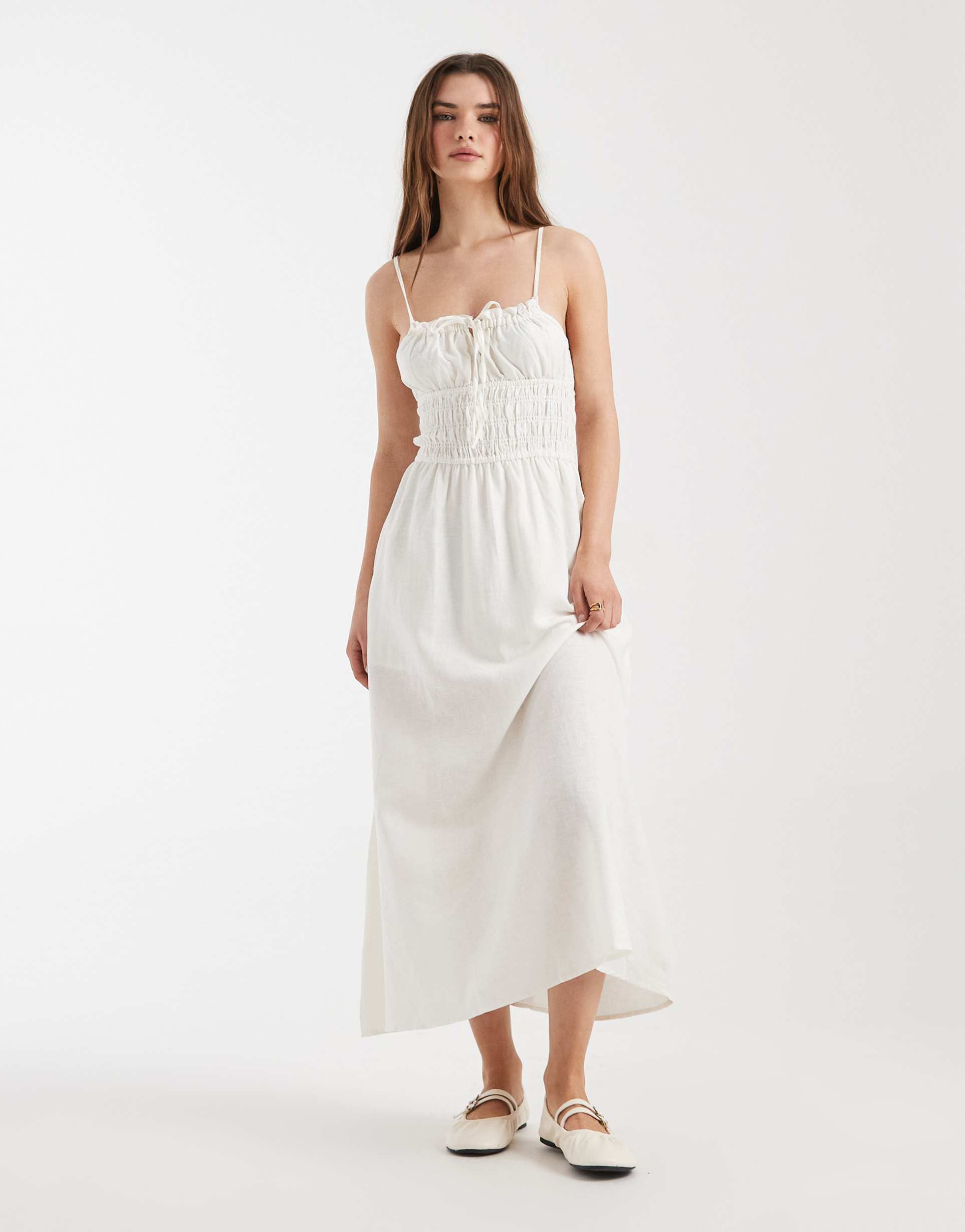 cotton on haven linen blend strappy midi dress in coconut