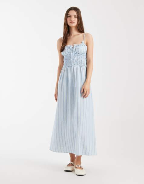 Cotton On haven linen mix strappy midi dress in amy blue stripe - view 1