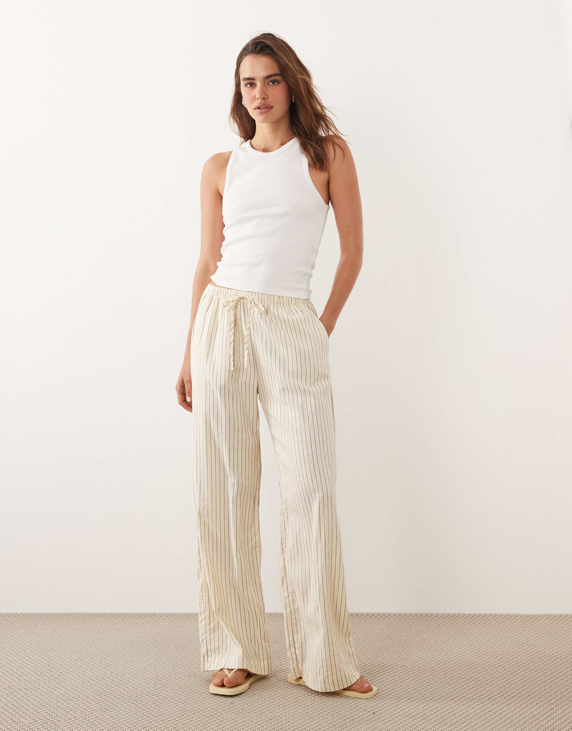 cotton on haven linen mix wide leg pants in vanilla glow pinstripe