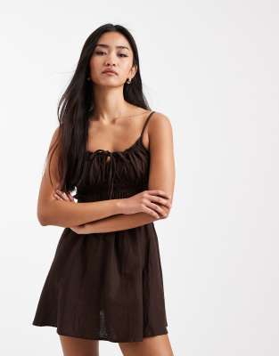 chinese dress ladies 100% Linen V-Neck Bell Pocket Midi Dress Evelina, Chicory Coffee / M