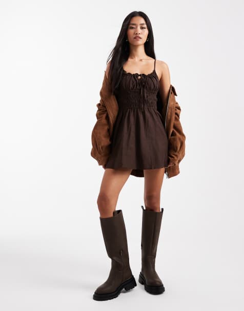 Cotton On haven linen strappy mini dress in dark oak - view 1