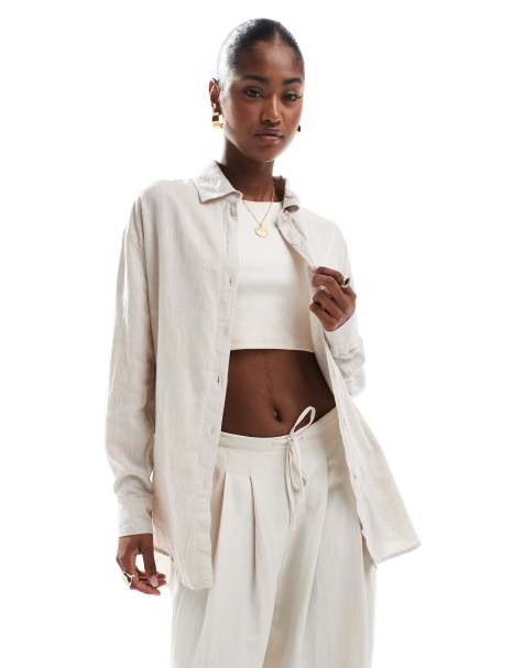 Cotton On Haven long sleeve linen-blend shirt in beige - view 1