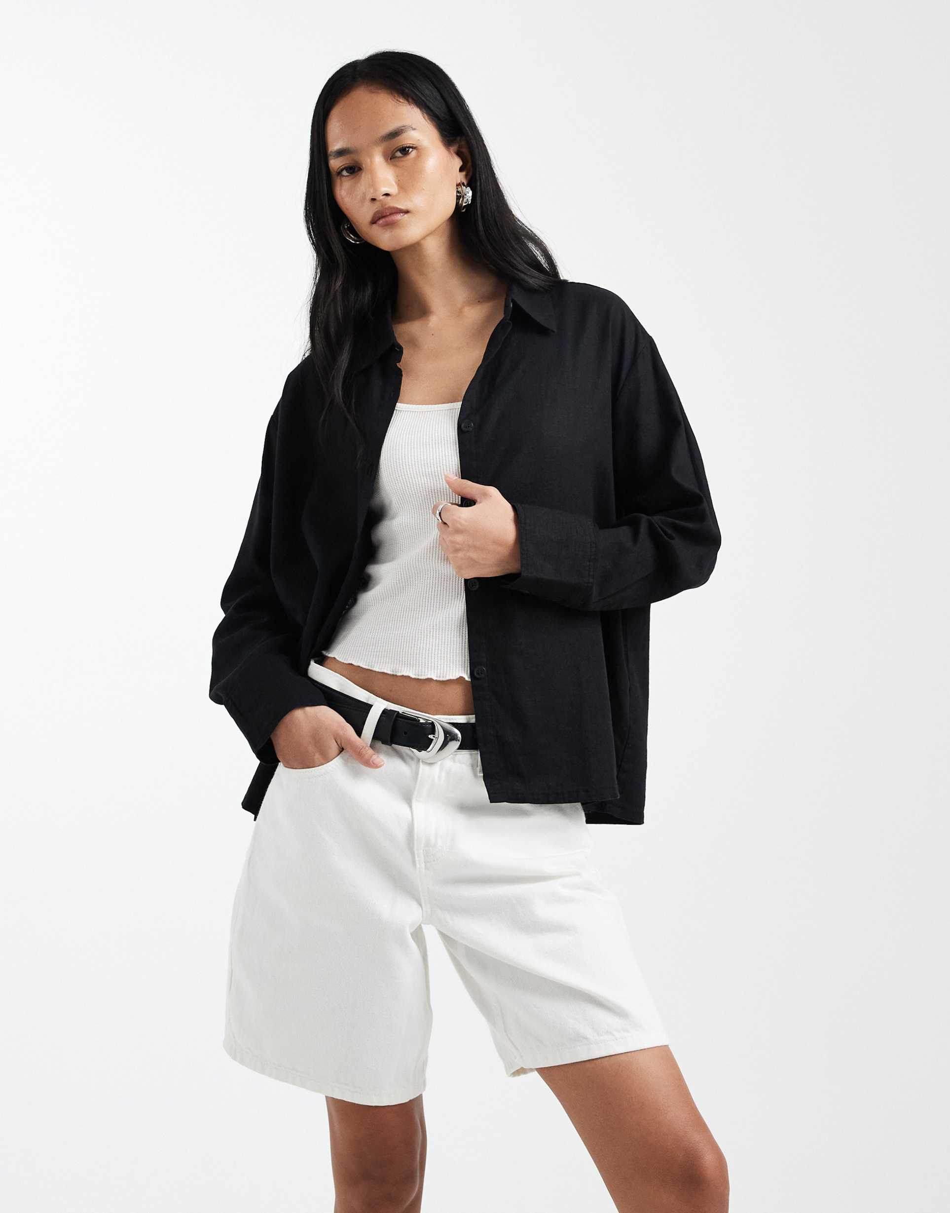cotton on haven oversized dad shirt in linen blend in black