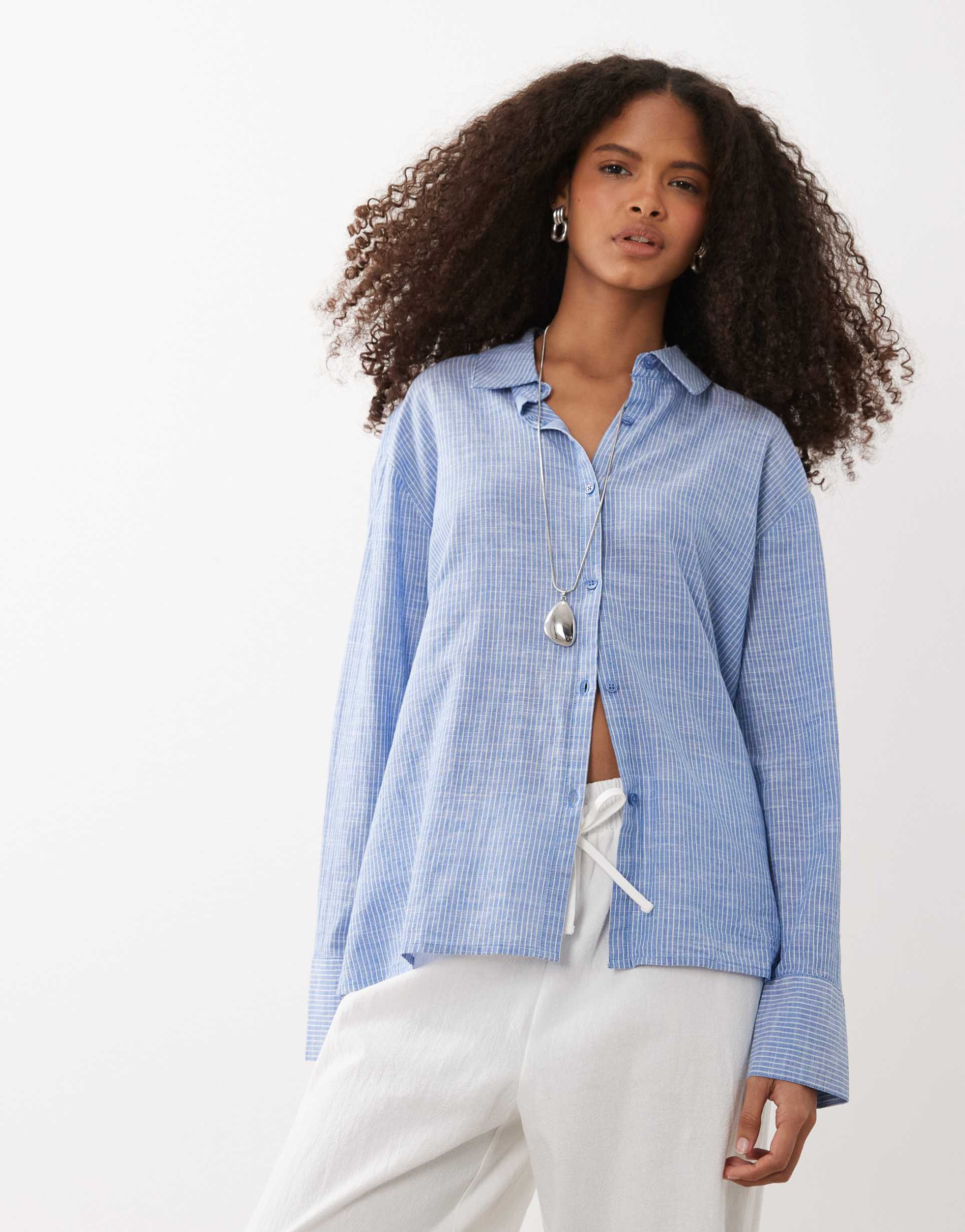 cotton on haven oversized dad shirt linen blend in blue stripes