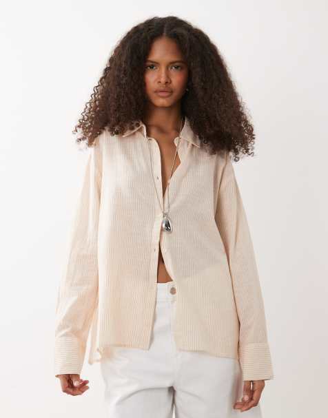 Cotton On haven oversized dad shirt linen look in guava stripe - view 1