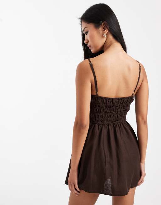 Cotton On - Haven - Robe courte en lin à bretelles - Chêne marron foncé, 4 de 4