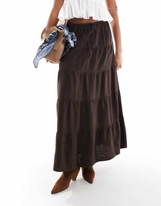 Cotton On haven tiered linen blend maxi skirt in dark oak