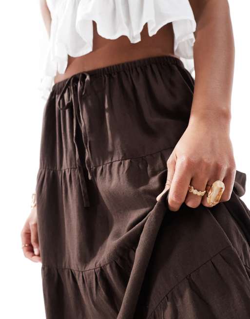 Cotton On haven tiered linen blend maxi skirt in dark oak