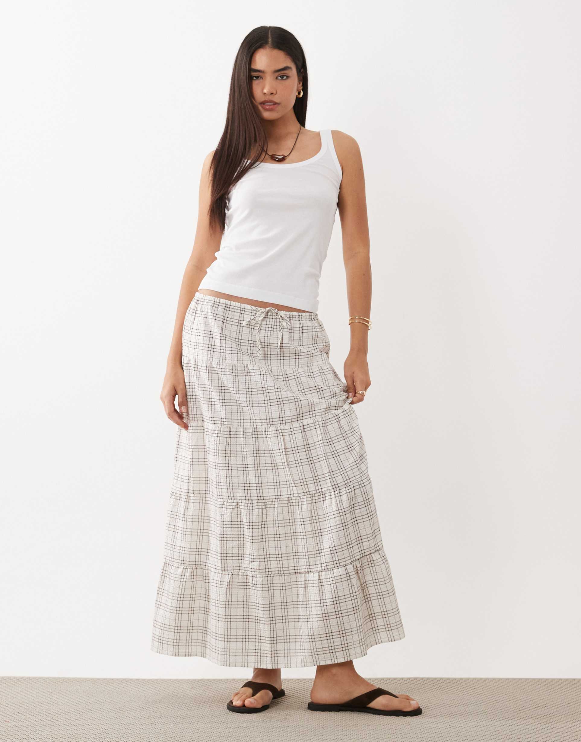 cotton on haven tiered maxi skirt in check texture
