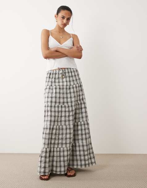 Cotton On haven tiered maxi skirt in dark oak check - view 1