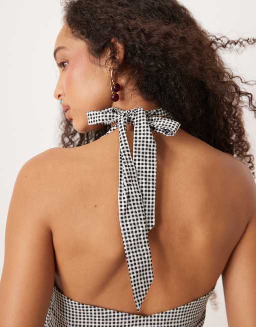 Cotton On - Haven - Vestito corto allacciato al collo nero a quadretti in misto lino, 3 di 4