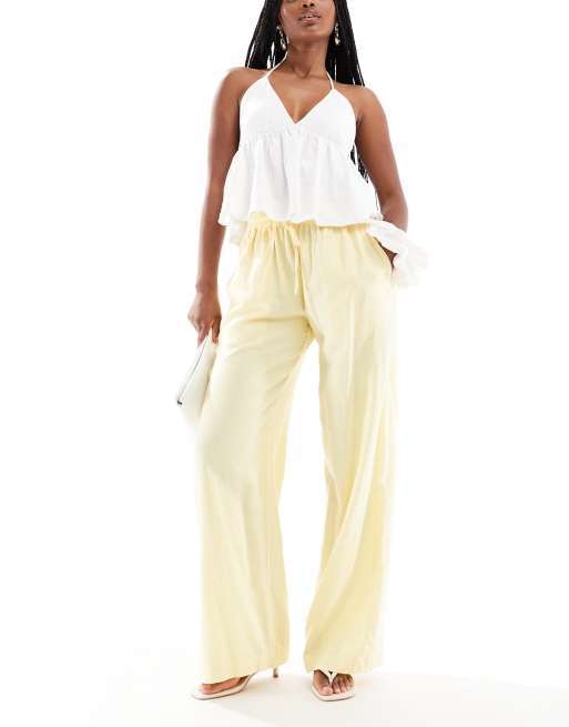 Cotton On Haven wide leg linen look pants in lemon icing