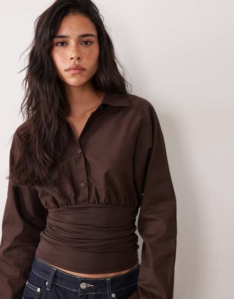 Cotton On Hemdbluse mit tailliertem Bund und langen Ärmeln in Dunkelbraun - view 1