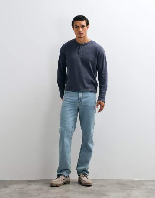 Cotton On henley à coupe décontractée texturé à manches longues en maille gaufrée bleu denim, 2 de 5