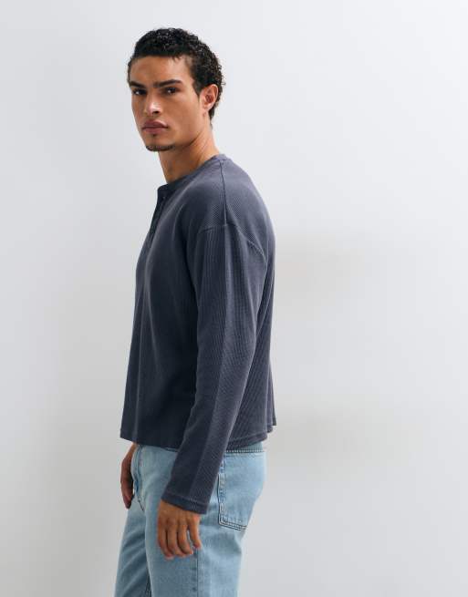 Cotton On henley à coupe décontractée texturé à manches longues en maille gaufrée bleu denim, 3 de 5