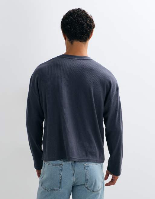 Cotton On henley à coupe décontractée texturé à manches longues en maille gaufrée bleu denim, 4 de 5
