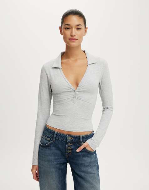 Cotton On Henley long sleeve polo in grey - view 1