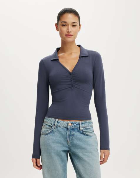 Cotton On Henley long sleeve polo in navy - view 1