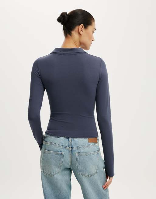 Cotton On Henley long sleeve polo in navy, 4 of 4