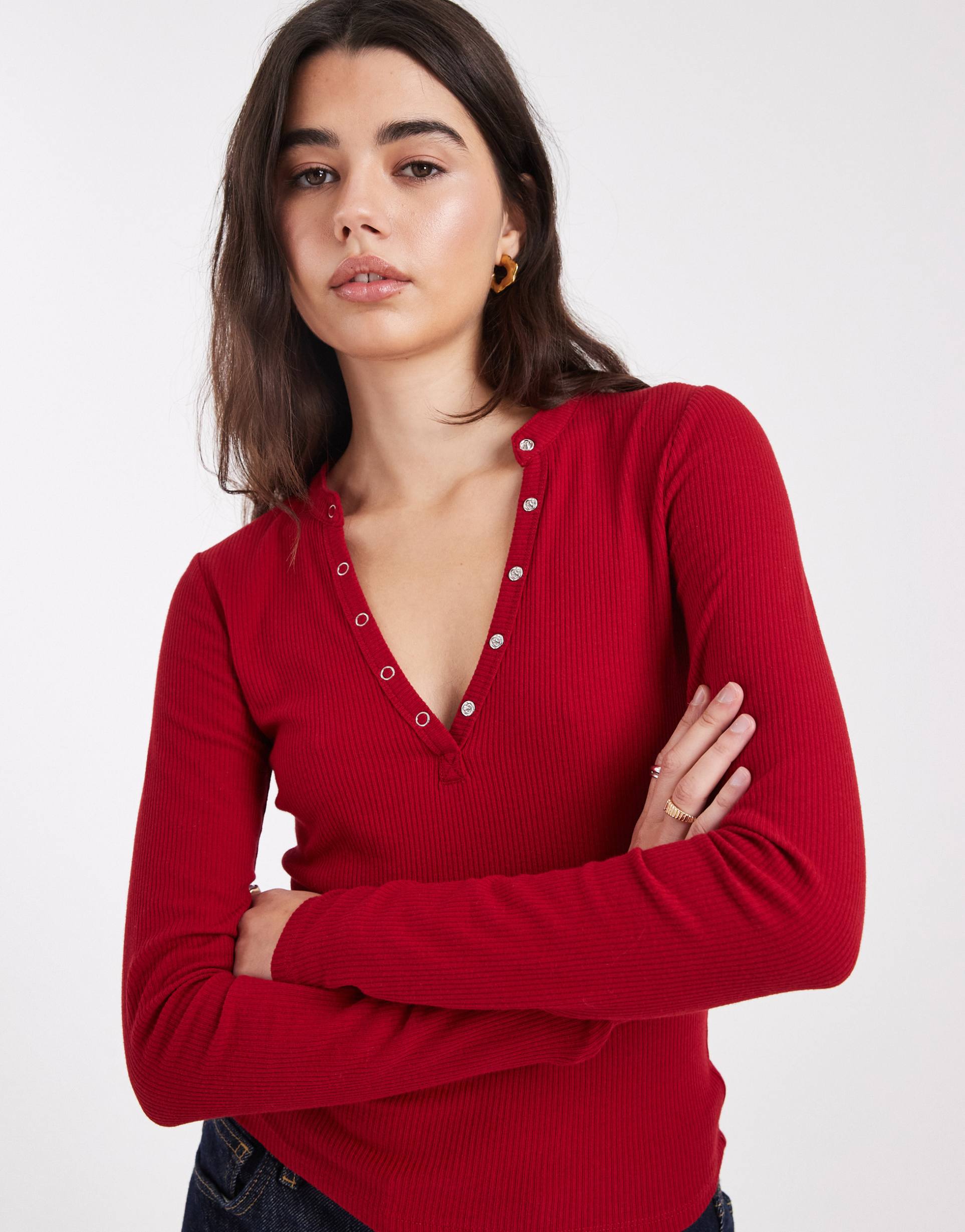 cotton on henley long sleeve top in jewel red
