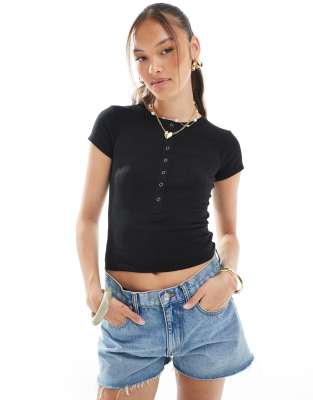 Cotton:On Cotton On henley short sleeve tee in black