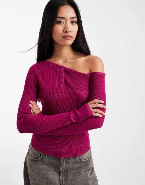 Cotton On - Henley top met blote schouder in 'dark lotus' donkerroze - view 1