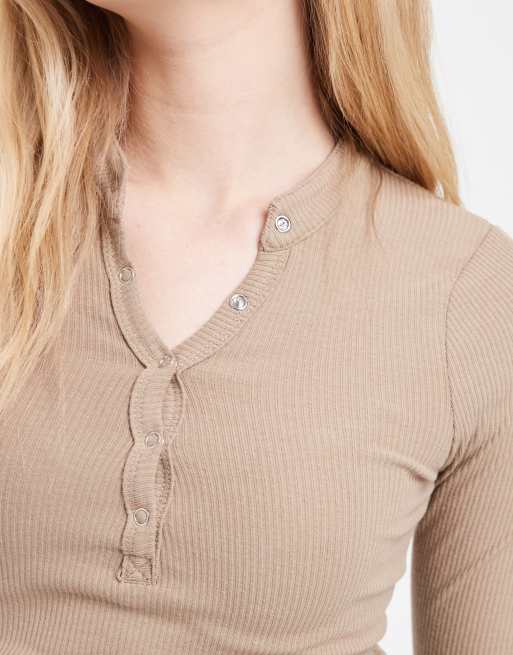 Cotton On - Henley top met lange mouwen in geroosterd amandel, 3 van 4