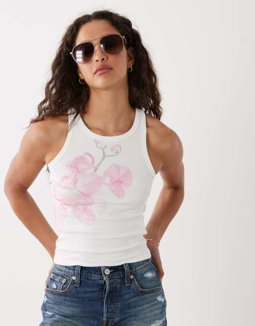 Cotton On high neck graphic tank with orchid graphic in white , 3 of 4