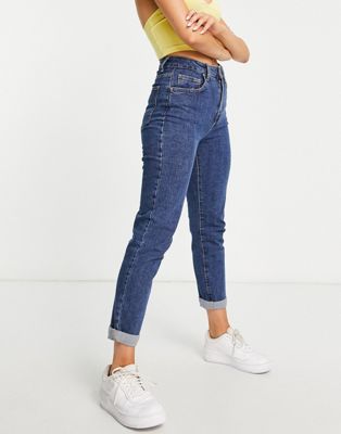 Cotton: On high rise mom jean in mid blue