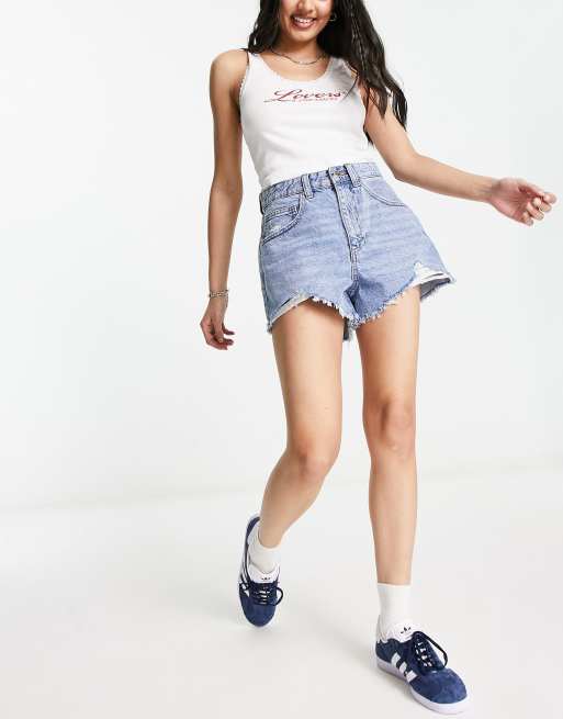 Cotton On high waist mom rip denim shorts in blue ASOS