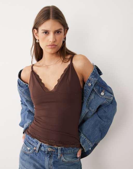Cotton On hold me lace trim cami in dark oak, 2 of 4