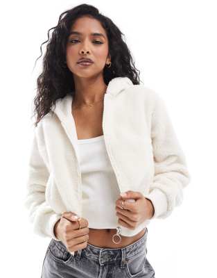 Cotton:On Cotton On hooded sherpa zip jacket in coconut milk-White