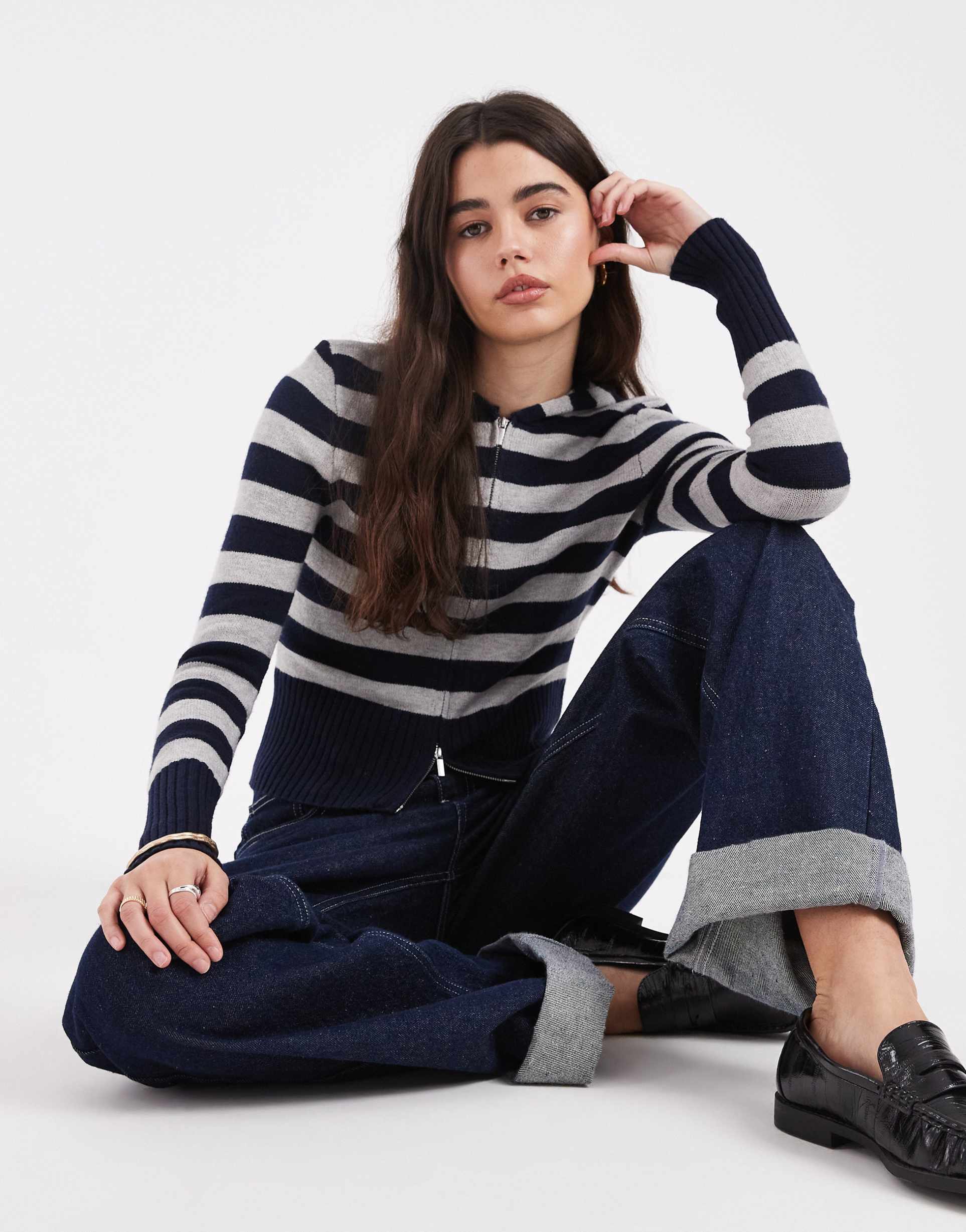 cotton on hooded zip up knit sweater in navy gray stripes