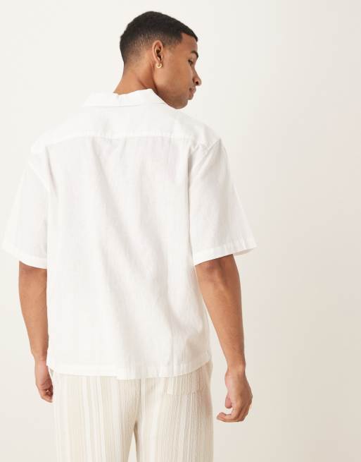 Cotton On - Hvid og kortærmet skjorte i hørblandingsmateriale med tekstur, 3 af 4
