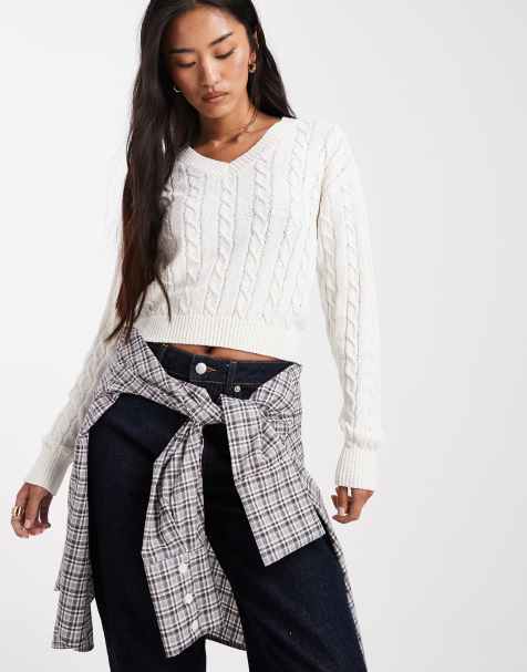 Cotton On - Hvid pullover i kabelstrik i bomuld med cropped snit og V-hals - view 1