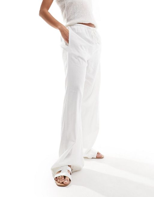 Cotton On - Hvide bukser i hørblanding med lige ben og løbesnor 