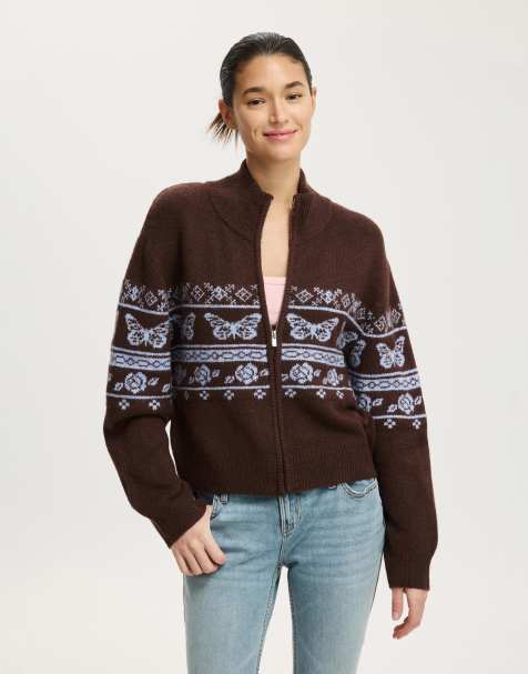 Cotton On Intarsia knit bomber in off-white - view 1