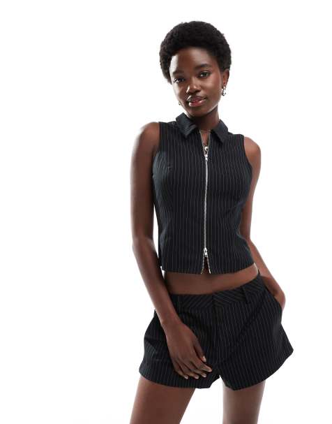 Cotton On izzy zip through vest co-ord in black pinstripe - view 1
