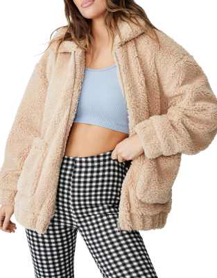 Cotton On – Jacke aus Teddyfell in Cremeweiß mit durchgehendem Reißverschluss