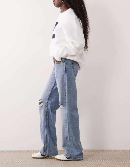 Cotton On jeans dritti a vita bassa strappati blu salstone, 3 di 5