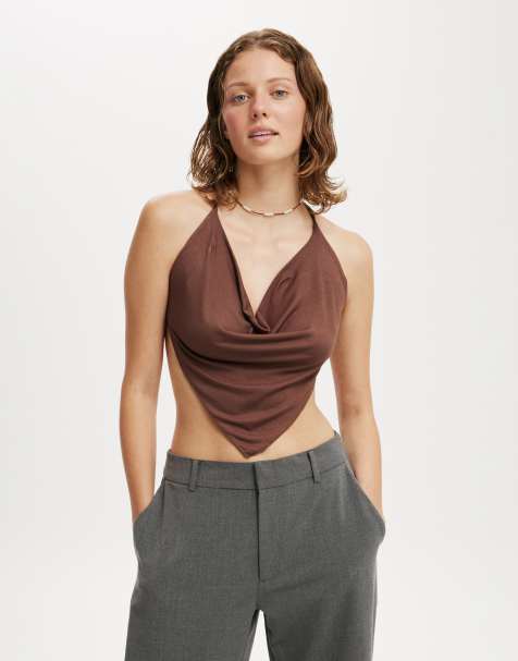 Cotton On – Jordie – Brun, åtsmitande topp med halterneck och draperad ringning - view 1