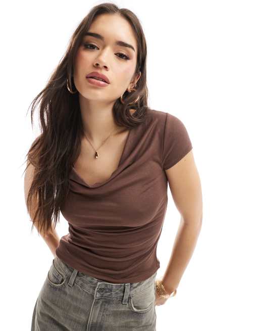 Cotton  On Jordie cowl neck short sleeve in brown 