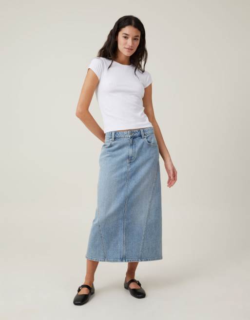 Cotton On Kai denim midi skirt in light pastel blue