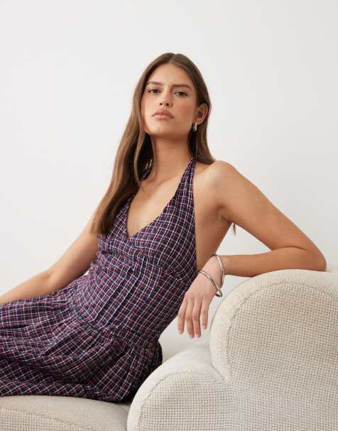 Cotton On - Kaity - Geruite midi-jurk met halternek in maanverlicht indigo - view 1