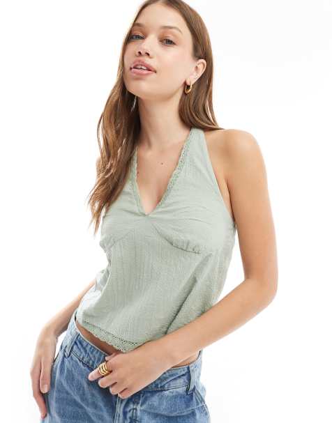 Cotton On – kakifärgad topp i linnestil med halterneck och knappar - view 1