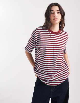 Cotton On - Kastiges, gestreiftes Oversize-T-Shirt in Kirschholz-Bunt