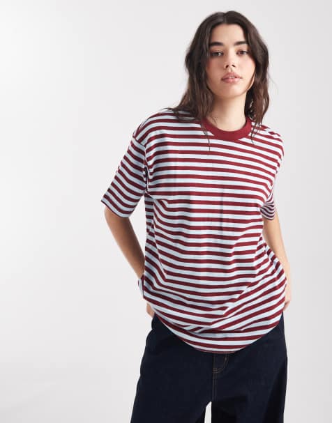Cotton On – Kastiges, gestreiftes Oversize-T-Shirt in Kirschholz - view 1