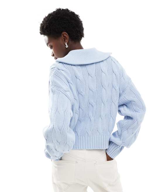 Cotton On - Katoenen kabeltrui met korte rits in sereen blauw, 4 van 4