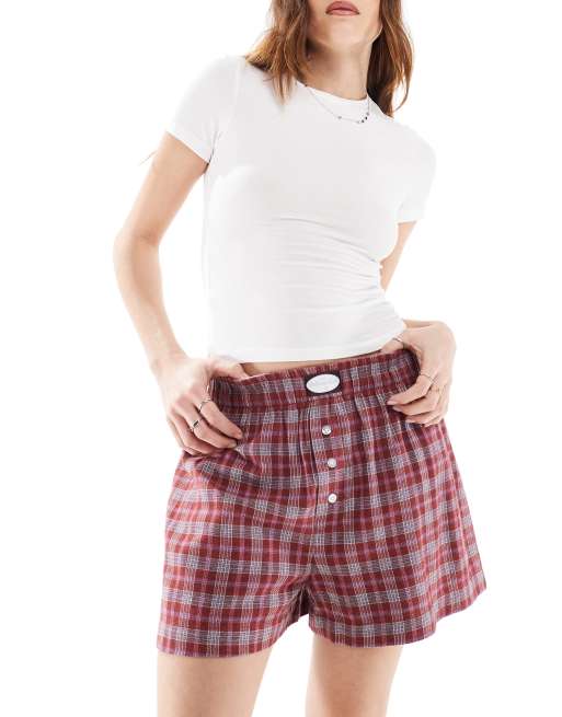 Cotton On - Kirsebærrøde boyfriend-boksershorts i flonel med marineblå tern, 3 af 4